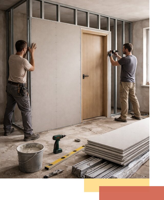 Перегородка из гипсокартона с дверью под ключ в Череповце