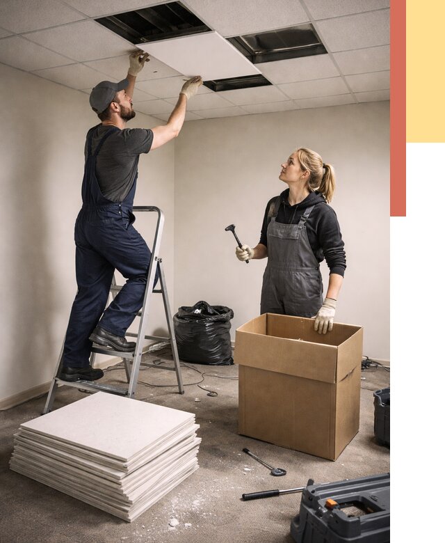 Демонтаж потолочной плитки в Череповце от 4599 руб. быстро и недорого | ОТДЕЛОЧНИК-Чрп