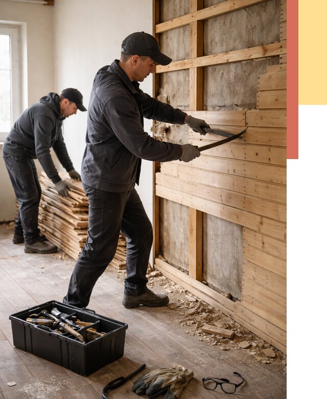 Демонтаж вагонки в Череповце от 3884 руб/м2 — быстро и недорого | ОТДЕЛОЧНИК-Чрп