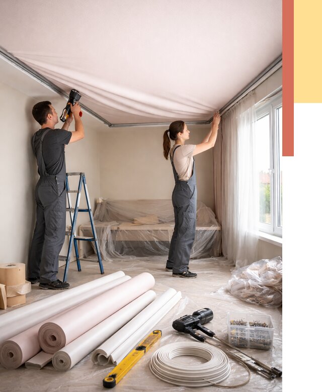 Монтаж цветного натяжного потолка в Череповце от 4293 руб/м² — быстро и недорого | ОТДЕЛОЧНИК-Чрп