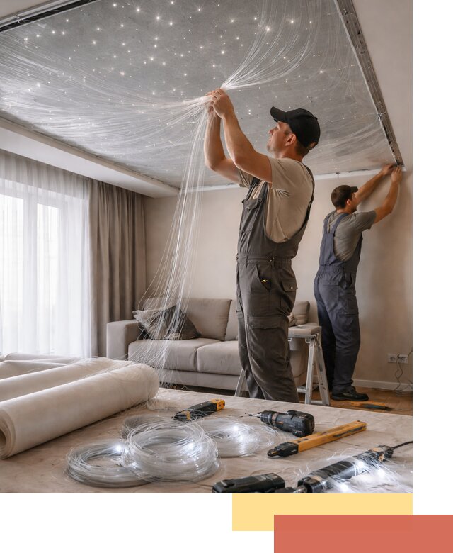 Монтаж натяжного потолка «Звездное небо» в Череповце