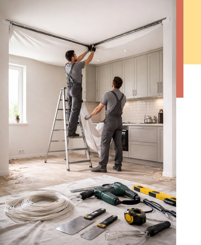 Установка натяжного потолка на кухне в Череповце от 2453 руб. | ОТДЕЛОЧНИК-Чрп