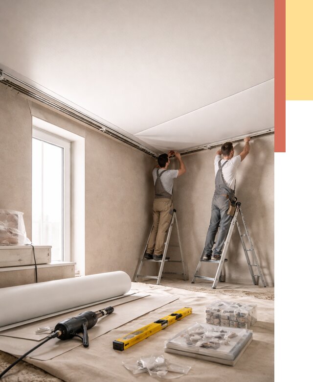 Монтаж натяжного потолка в спальне в Череповце от 3884 руб. под ключ | ОТДЕЛОЧНИК-Чрп