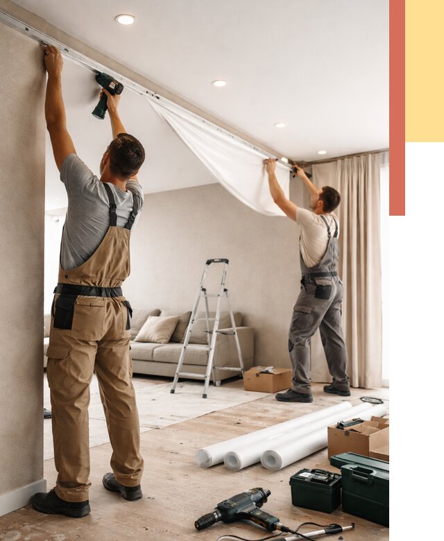 Монтаж натяжного потолка в гостиной в Череповце от 562 руб. | ОТДЕЛОЧНИК-Чрп