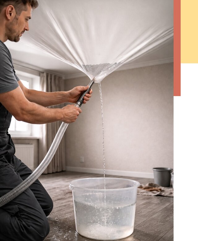 Слив воды с натяжного потолка в Череповце от 2555 руб. быстро и недорого | ОТДЕЛОЧНИК-Чрп