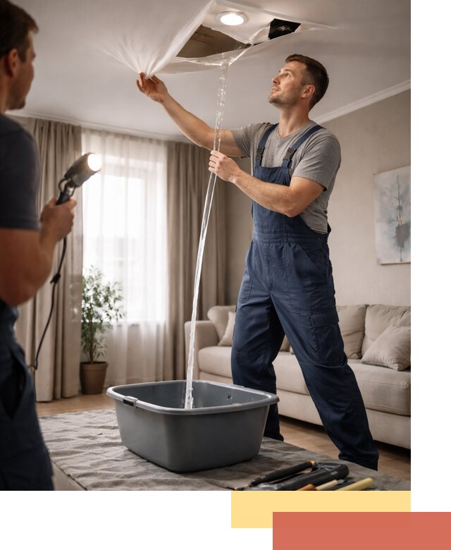 Слив воды с натяжного потолка в Череповце быстро и аккуратно