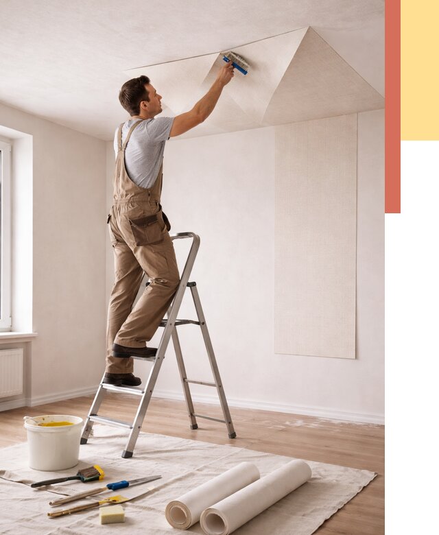 Поклейка обоев на потолок в Череповце от 4599 руб. быстро и недорого | ОТДЕЛОЧНИК-Чрп